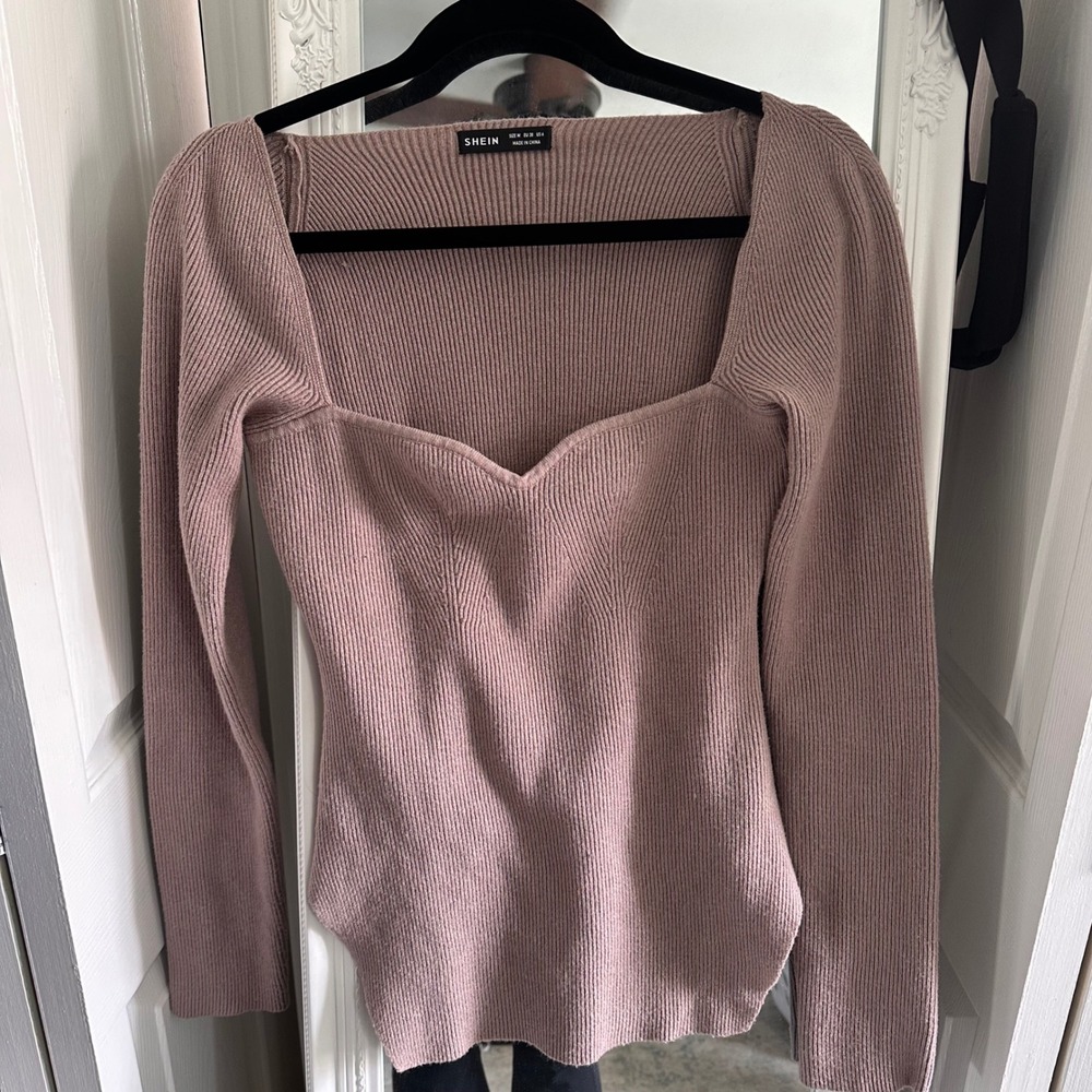 SHEIN‎ Sweater Women Size M Mauve Taupe Ribbed Sweetheart Neck Long Sleeve Knit